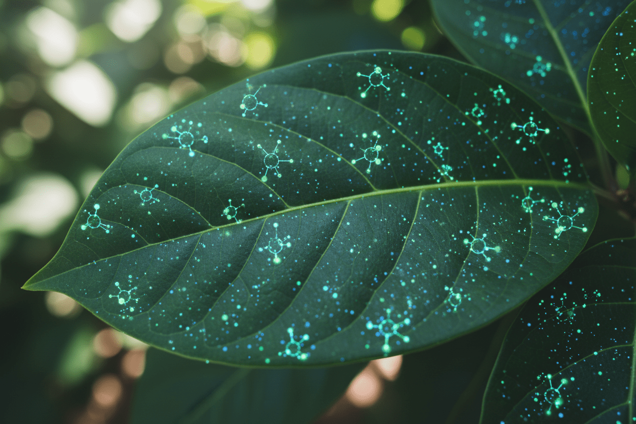 Healthy green leaf with bright molecules 