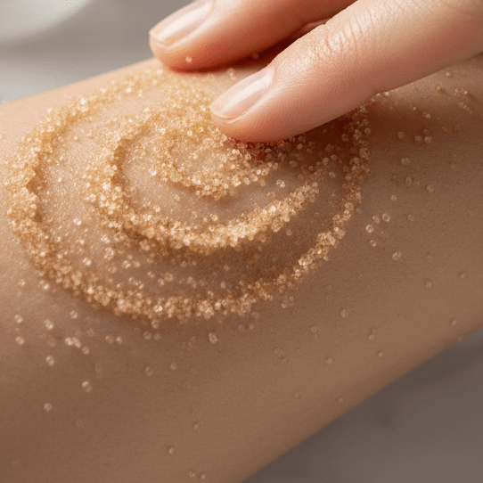 Tallow-Infused Sugar Exfoliant being rubbed on luminous skin